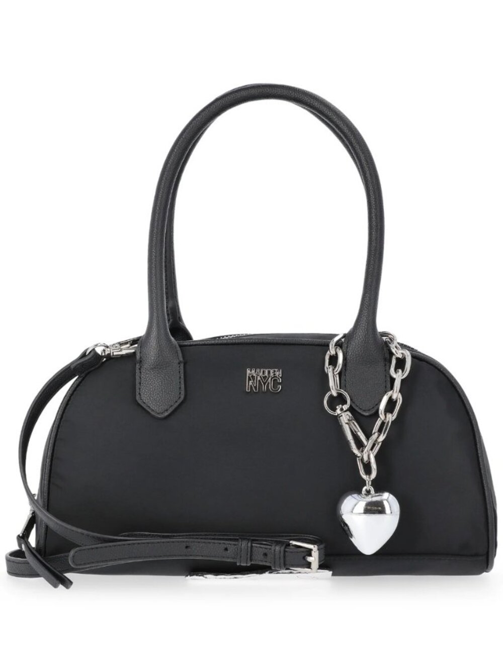Madden NYC Black Satchel Crossbody Bag Heart Charm Silver Hardware NWT.